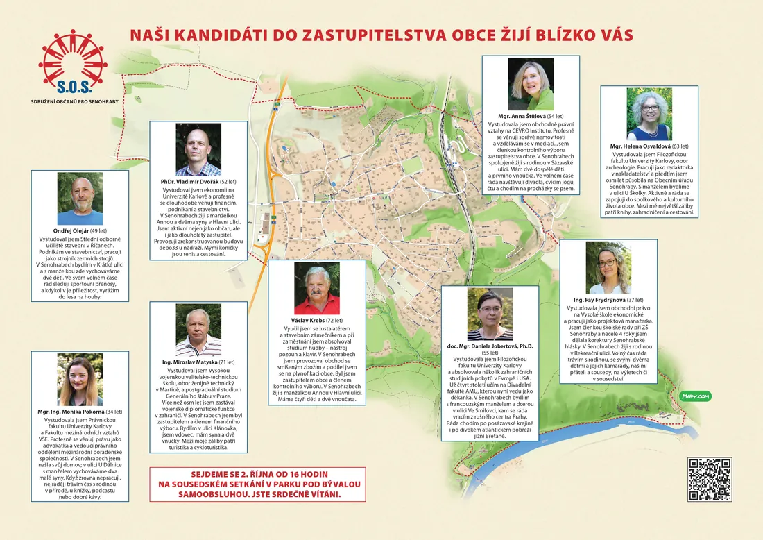 Strana letáku s mapou Senohrab a představením devíti kandidátů do zastupitelstva obce, rozmístěných podle toho, kde v obci žijí. Stejné profily najdete v textové podobě v sekci Naši kandidáti.